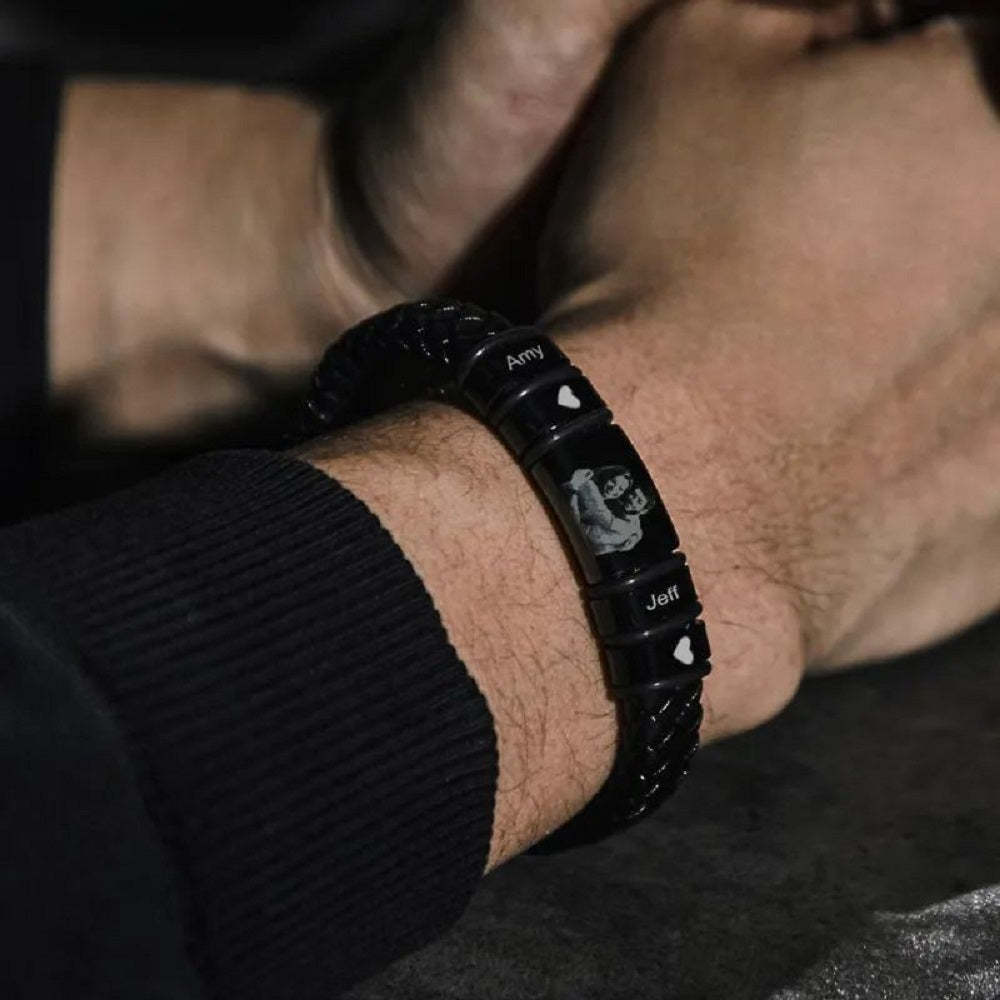 Bracelet En Cuir Avec Photo Gravée Personnalisée, Cadeau D'anniversaire Pour Homme - votrecollierprenomfr