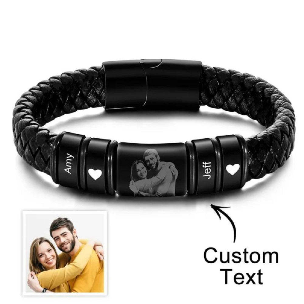 Bracelet En Cuir Avec Photo Gravée Personnalisée, Cadeau D'anniversaire Pour Homme - votrecollierprenomfr