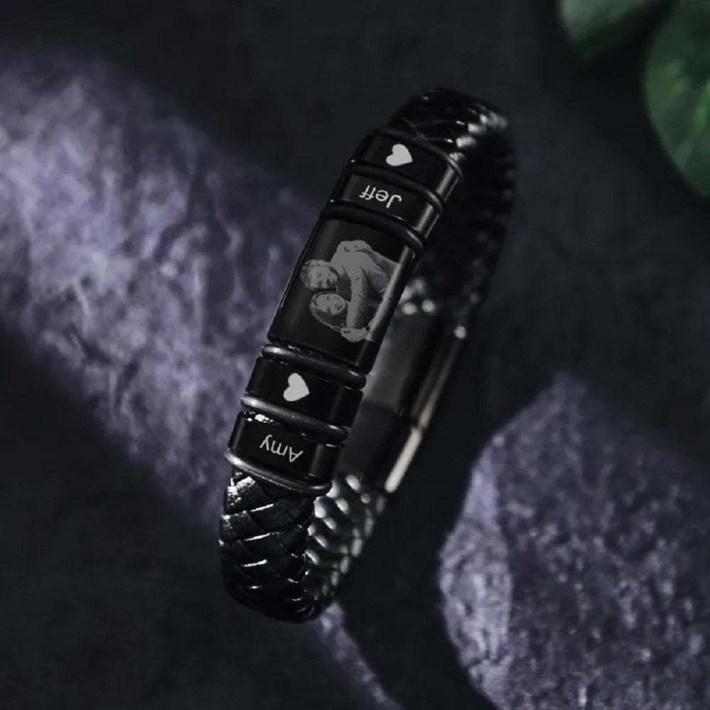 Bracelet En Cuir Avec Photo Gravée Personnalisée, Cadeau D'anniversaire Pour Homme - votrecollierprenomfr