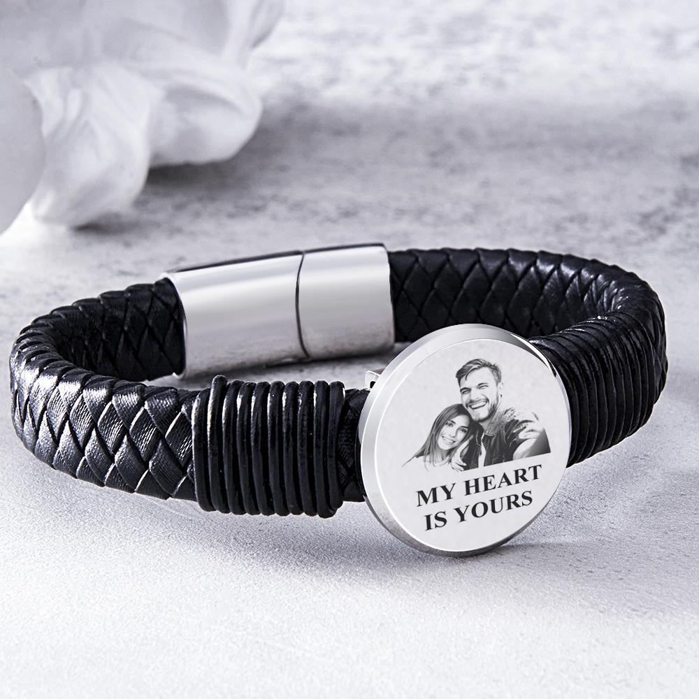 Bracelet Large En Cuir Photo Personnalisé Gravé Bracelet Unique Cadeaux Pour Lui - votrecollierprenomfr
