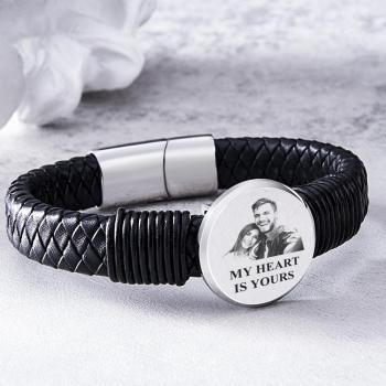 Bracelet Large En Cuir Photo Personnalisé Gravé Bracelet Unique Cadeaux Pour Lui - votrecollierprenomfr