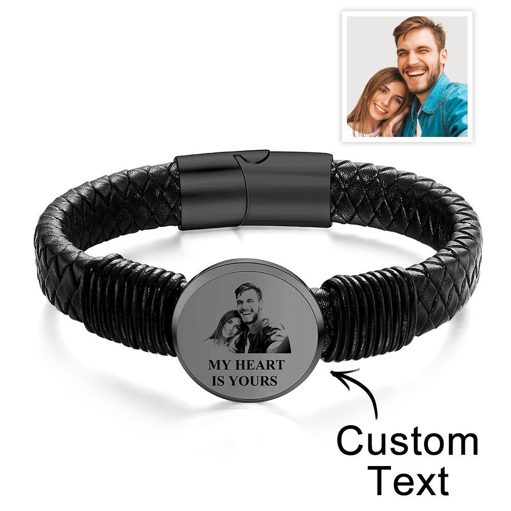 Bracelet Large En Cuir Photo Personnalisé Gravé Bracelet Unique Cadeaux Pour Lui - votrecollierprenomfr