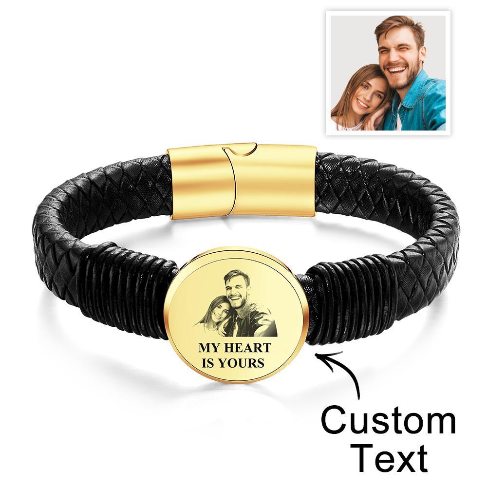 Bracelet Large En Cuir Photo Personnalisé Gravé Bracelet Unique Cadeaux Pour Lui - votrecollierprenomfr