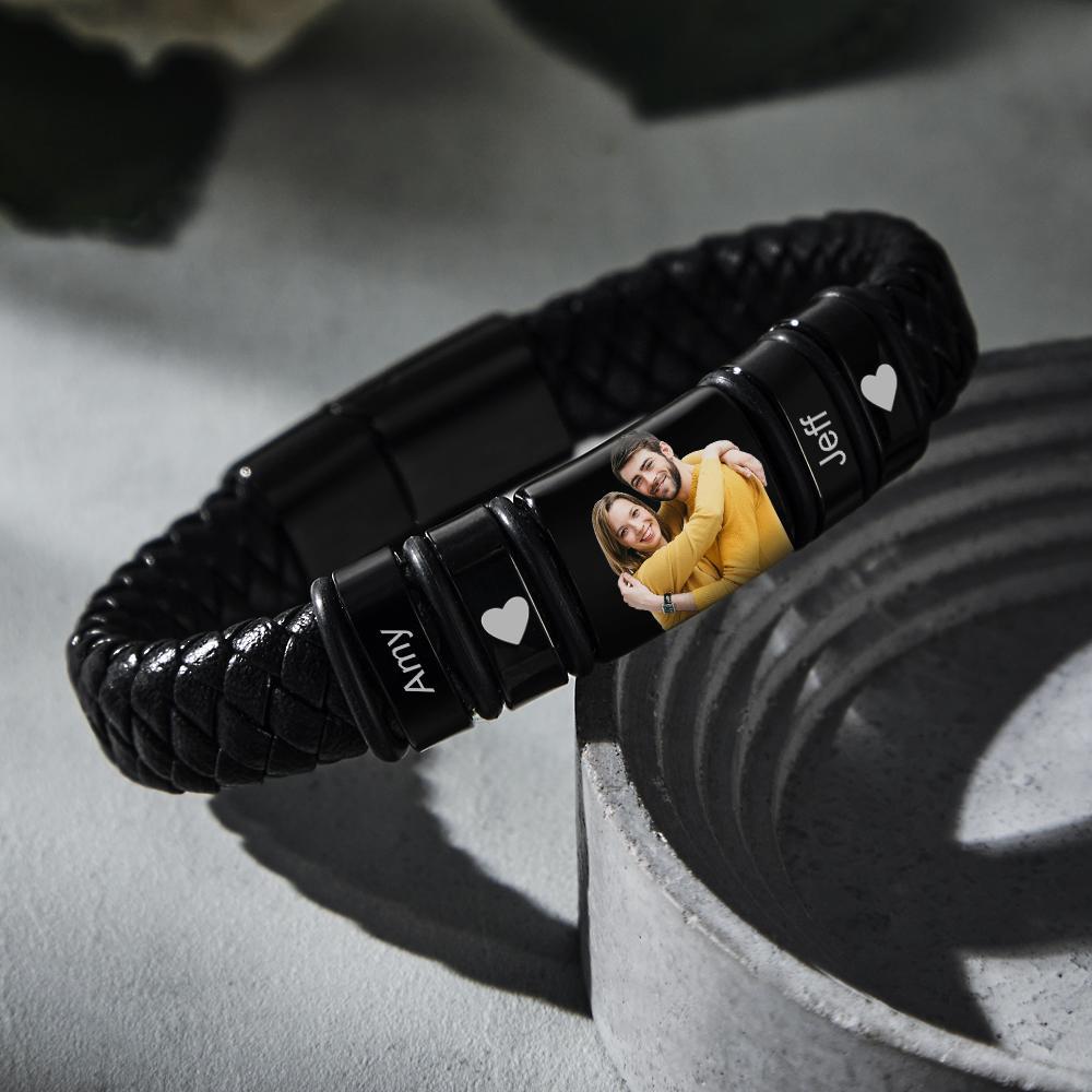 Bracelet En Cuir Avec Photo Gravée Personnalisée, Cadeau D'anniversaire Pour Homme - votrecollierprenomfr