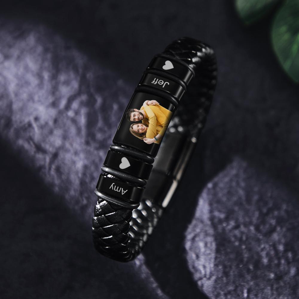 Bracelet En Cuir Avec Photo Gravée Personnalisée, Cadeau D'anniversaire Pour Homme - votrecollierprenomfr