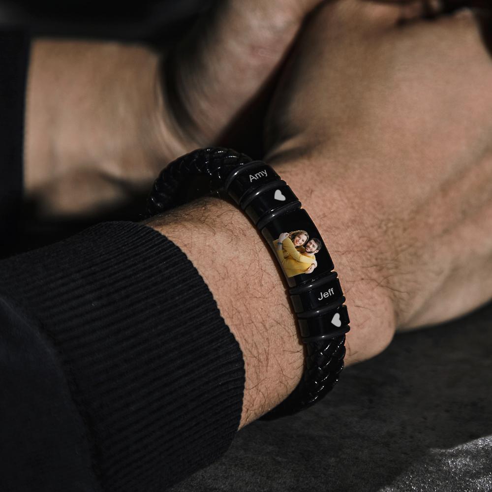 Bracelet En Cuir Avec Photo Gravée Personnalisée, Cadeau D'anniversaire Pour Homme - votrecollierprenomfr