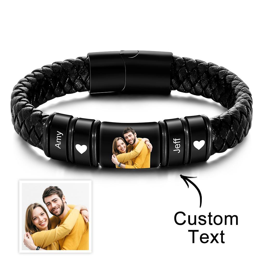 Bracelet En Cuir Avec Photo Gravée Personnalisée, Cadeau D'anniversaire Pour Homme - votrecollierprenomfr