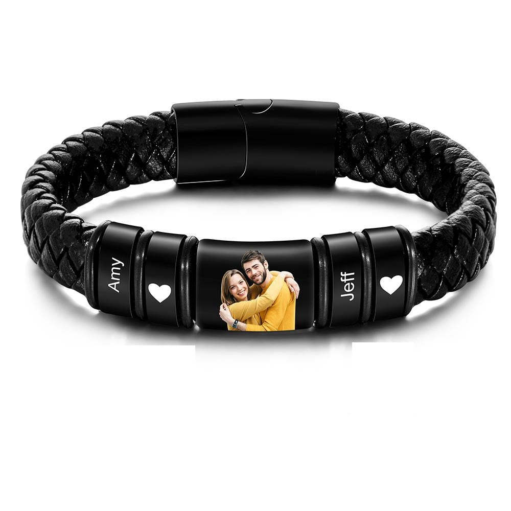 Bracelet En Cuir Avec Photo Gravée Personnalisée, Cadeau D'anniversaire Pour Homme - votrecollierprenomfr