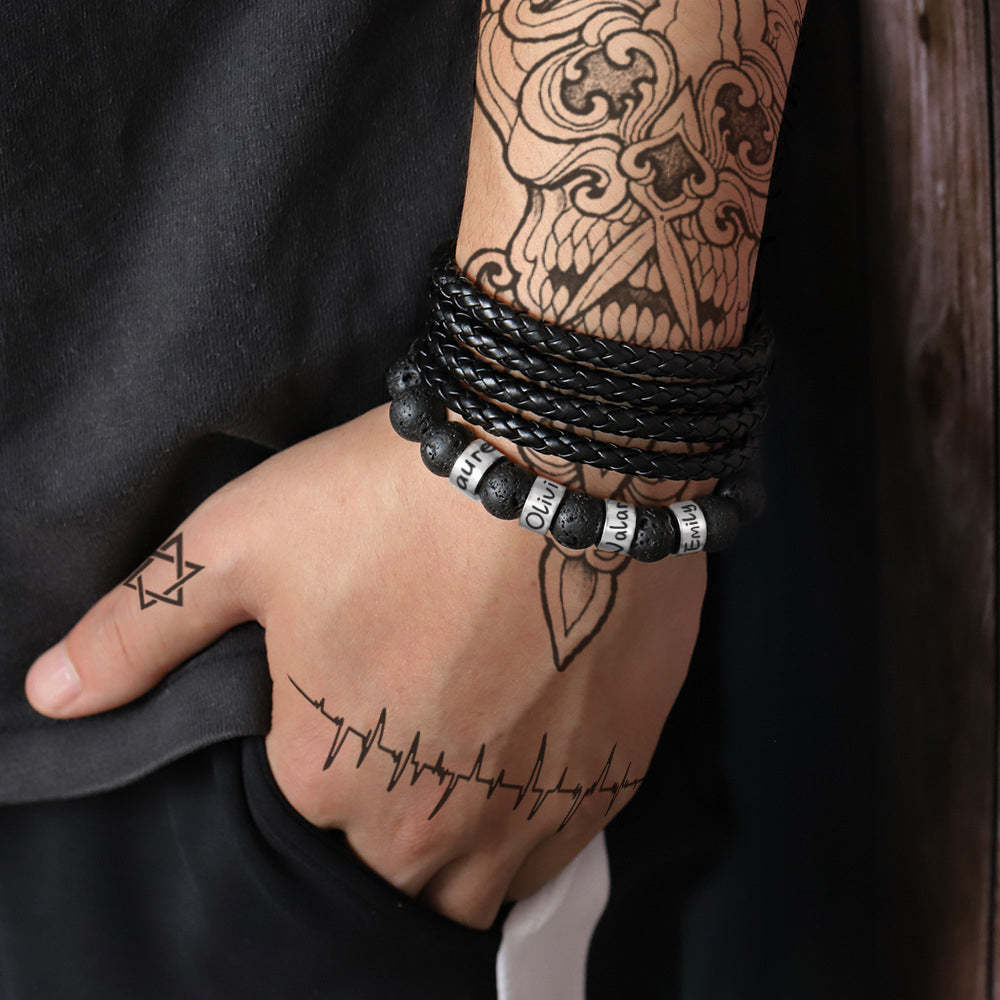 Bracelet De Perles En Pierre De Lave Noire Avec Nom Personnalisé, Cadeau Pour Hommes, Mari, Père, Grand-père - votrecollierprenomfr