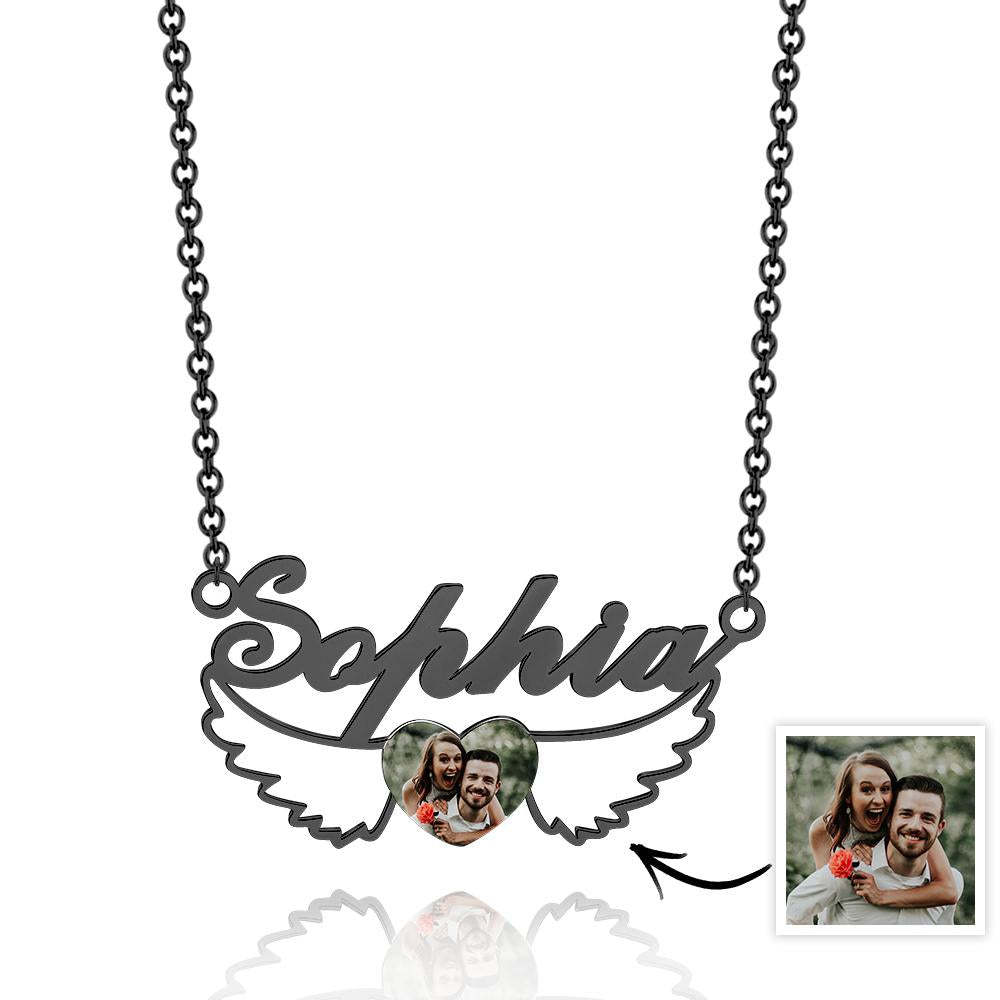 Collier Prénom Photo Personnalisé Coeur Ailes Couple Cadeaux - votrecollierprenomfr