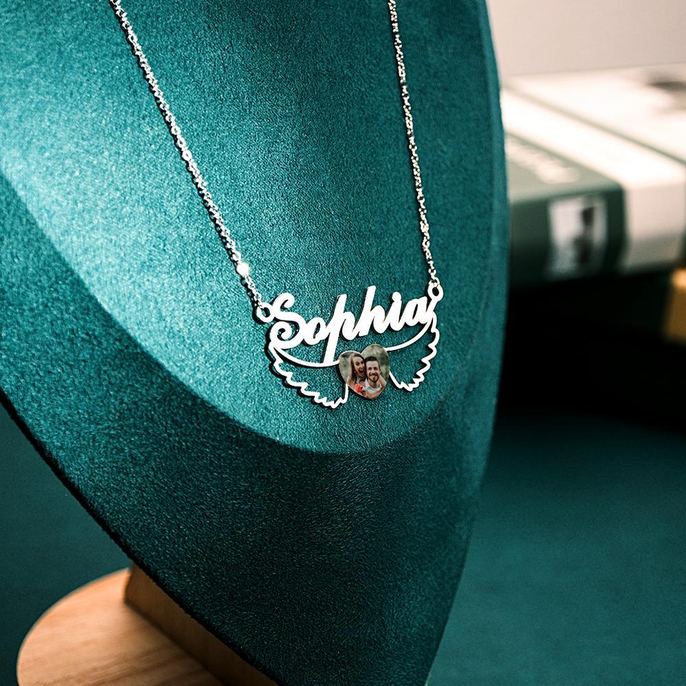 Collier Prénom Photo Personnalisé Coeur Ailes Couple Cadeaux - votrecollierprenomfr