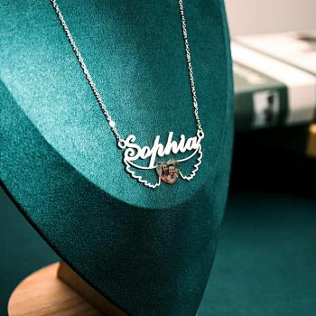 Collier Prénom Photo Personnalisé Coeur Ailes Couple Cadeaux - votrecollierprenomfr