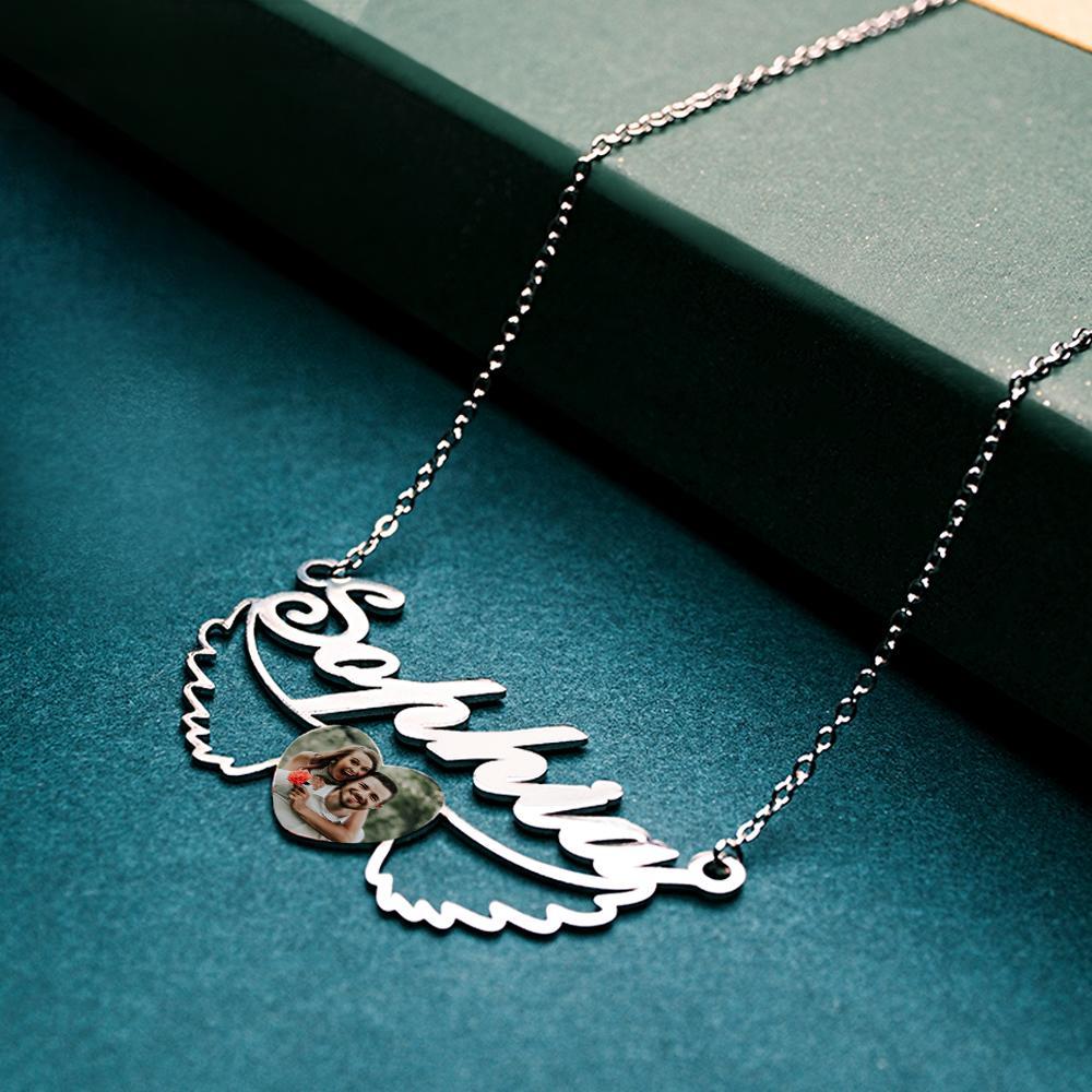 Collier Prénom Photo Personnalisé Coeur Ailes Couple Cadeaux - votrecollierprenomfr