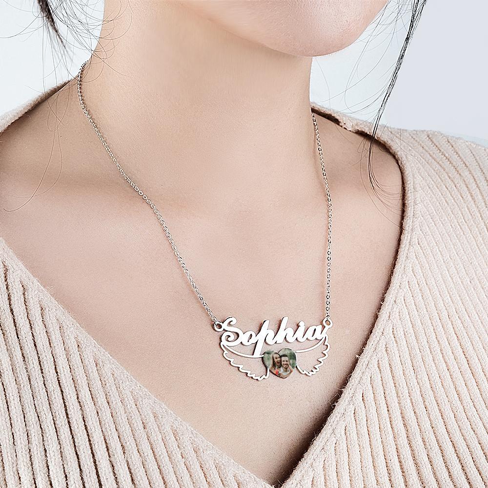 Collier Prénom Photo Personnalisé Coeur Ailes Couple Cadeaux - votrecollierprenomfr