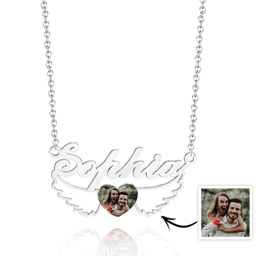 Collier Prénom Photo Personnalisé Coeur Ailes Couple Cadeaux - votrecollierprenomfr