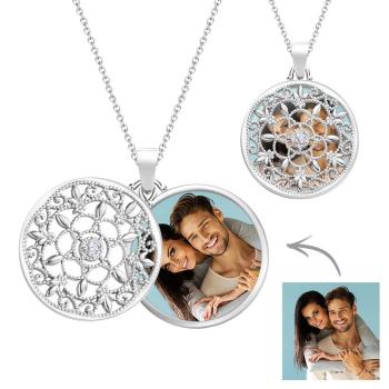 Collier Photo Personnalisé, Médaillon Rond Pivotant Orné, Cadeaux De Couple - votrecollierprenomfr