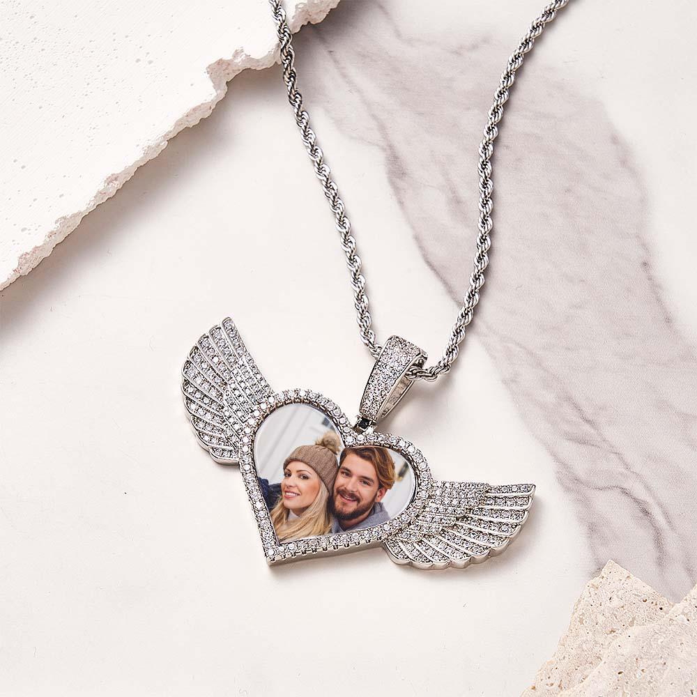 Hip Hop Photo Collier Zircon Coeur Ailes D'ange Pendentif Bijoux Cadeaux Pour Hommes - votrecollierprenomfr