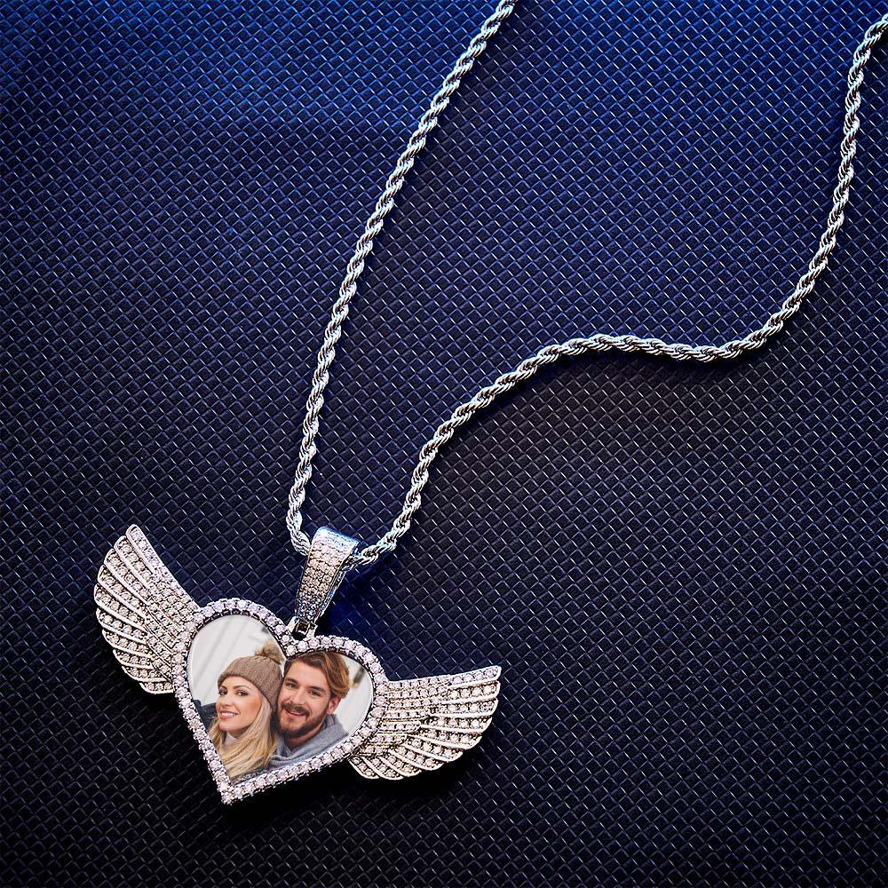 Hip Hop Photo Collier Zircon Coeur Ailes D'ange Pendentif Bijoux Cadeaux Pour Hommes - votrecollierprenomfr
