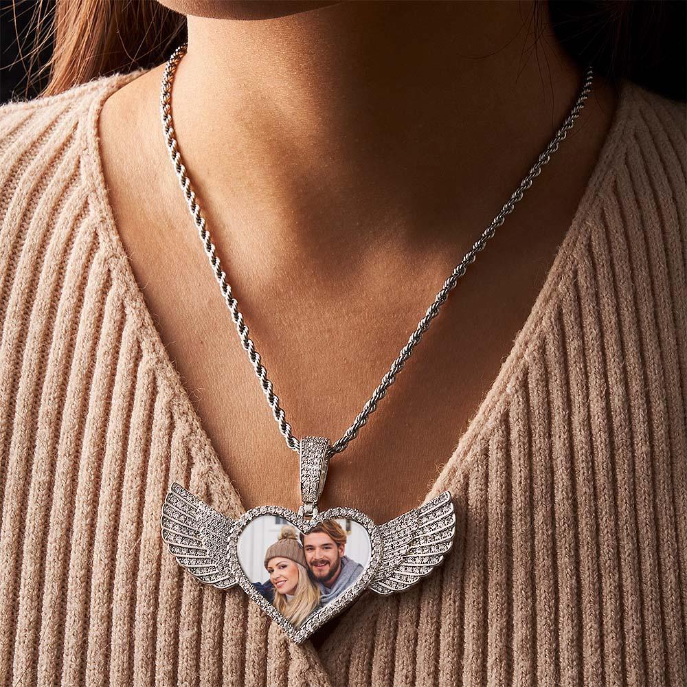 Hip Hop Photo Collier Zircon Coeur Ailes D'ange Pendentif Bijoux Cadeaux Pour Hommes - votrecollierprenomfr