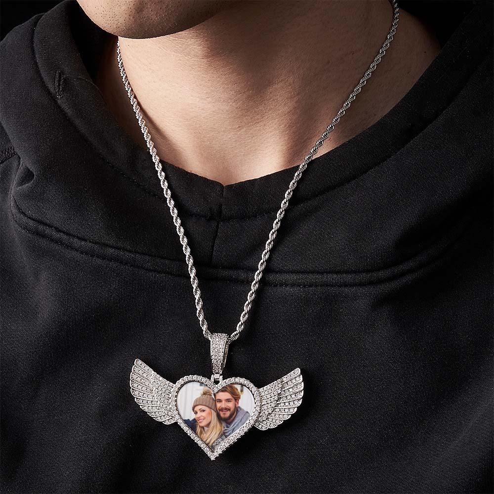 Hip Hop Photo Collier Zircon Coeur Ailes D'ange Pendentif Bijoux Cadeaux Pour Hommes - votrecollierprenomfr