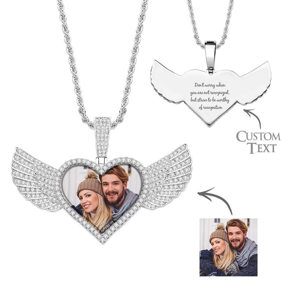 Hip Hop Photo Collier Zircon Coeur Ailes D'ange Pendentif Bijoux Cadeaux Pour Hommes - votrecollierprenomfr