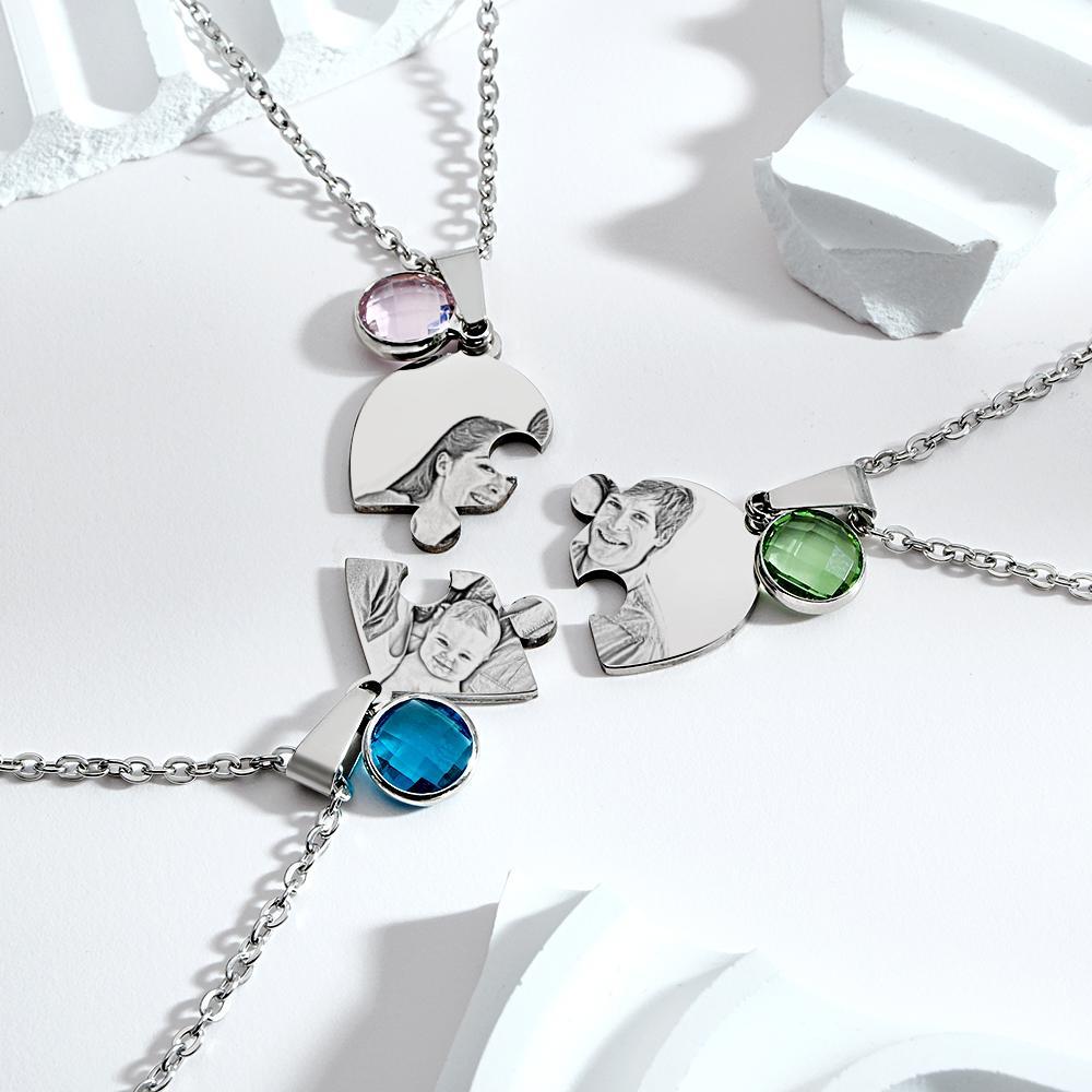 Collier Puzzle À Trois Cœurs Avec Photo Personnalisée, Pendentif Avec Pierre De Naissance, Bijoux Cadeaux Pour La Famille - votrecollierprenomfr