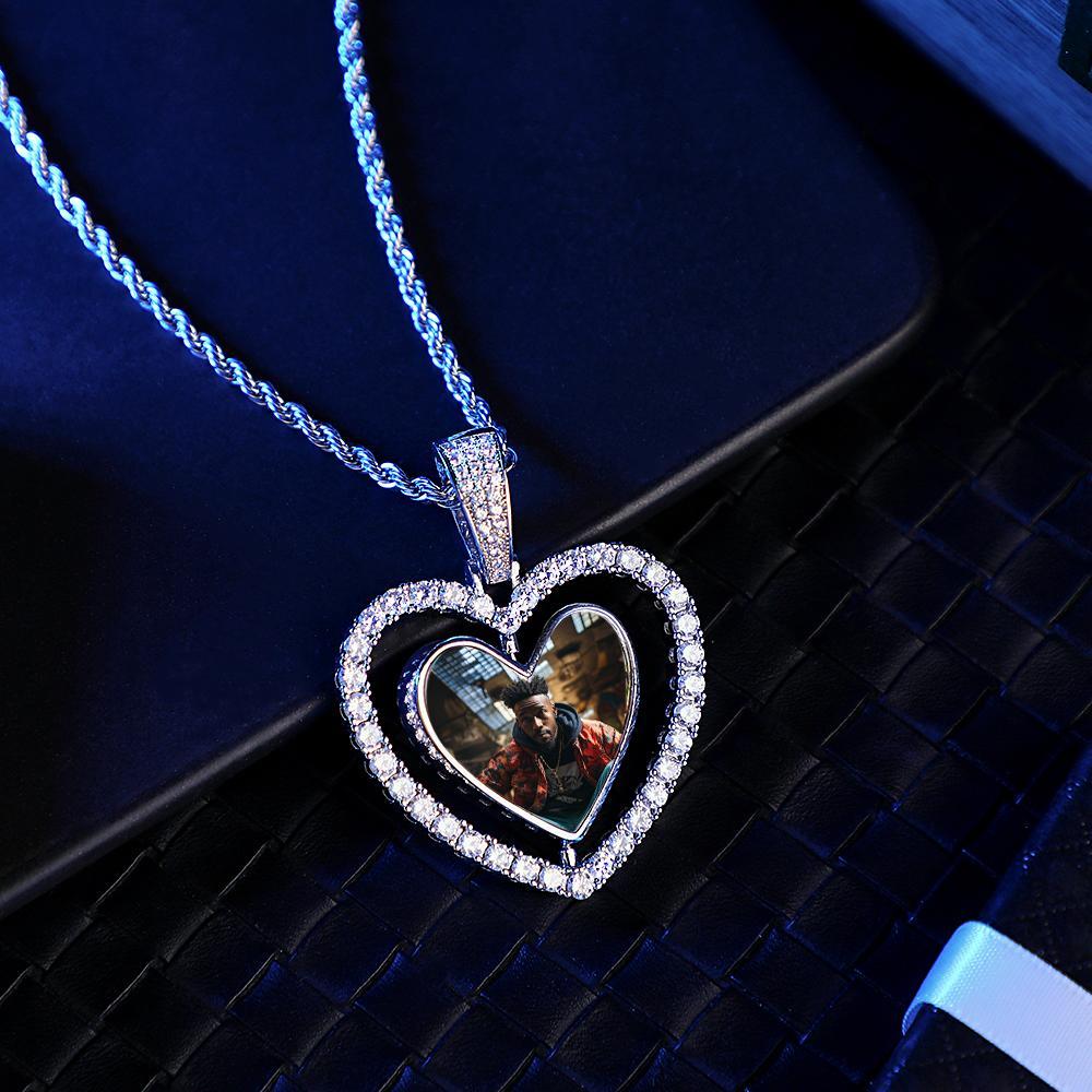 Collier Photo Hip Hop En Forme De Cœur Rotatif, Pendentif En Zircon Ajouré, Bijoux Cadeaux Pour Hommes - votrecollierprenomfr