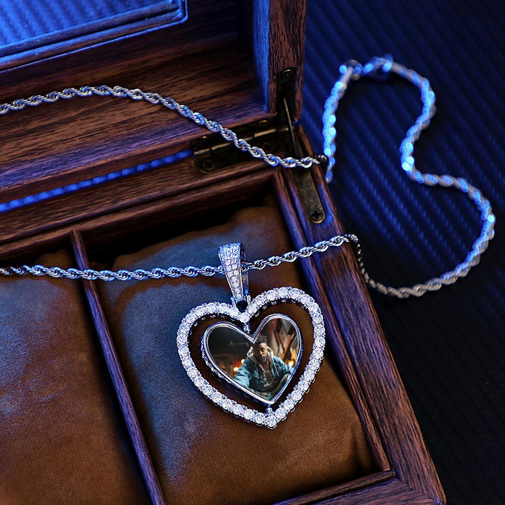 Collier Photo Hip Hop En Forme De Cœur Rotatif, Pendentif En Zircon Ajouré, Bijoux Cadeaux Pour Hommes - votrecollierprenomfr
