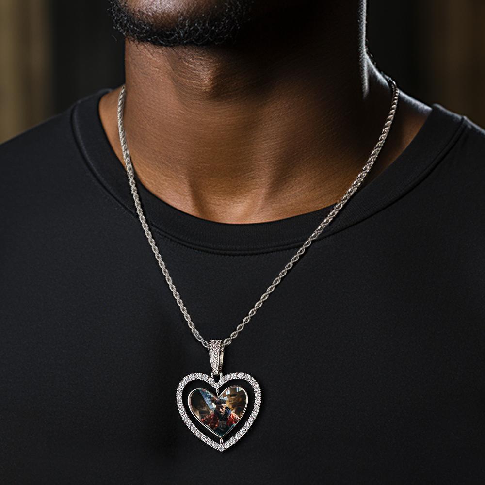 Collier Photo Hip Hop En Forme De Cœur Rotatif, Pendentif En Zircon Ajouré, Bijoux Cadeaux Pour Hommes - votrecollierprenomfr