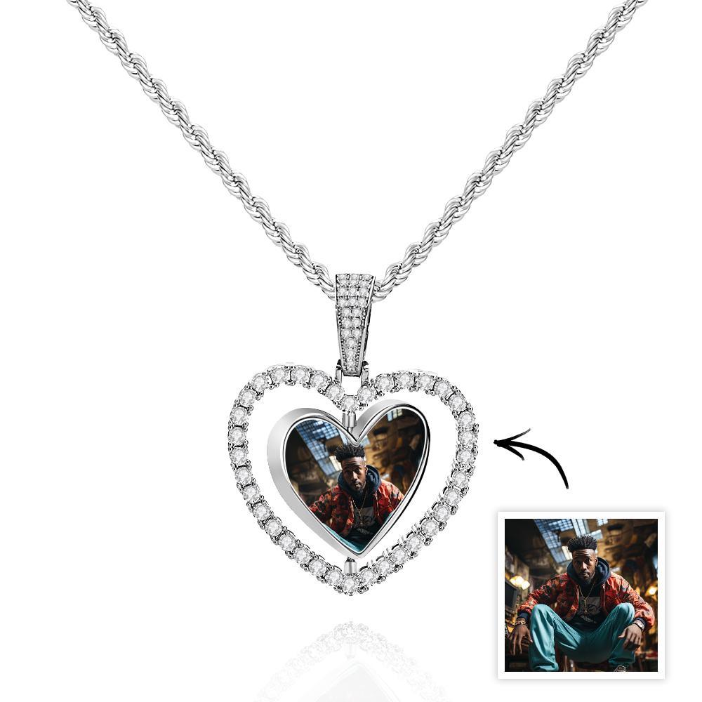 Collier Photo Hip Hop En Forme De Cœur Rotatif, Pendentif En Zircon Ajouré, Bijoux Cadeaux Pour Hommes - votrecollierprenomfr