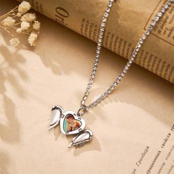Collier Médaillon Photo Gravable, Chaîne De Tennis, Cœur Personnalisé, Ailes D'ange, Cadeau Pour Elle - votrecollierprenomfr
