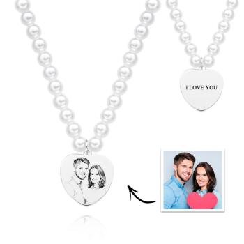 Collier Personnalisé Avec Photo Gravée, Chaîne De Perles, Cadeau Cœur - votrecollierprenomfr
