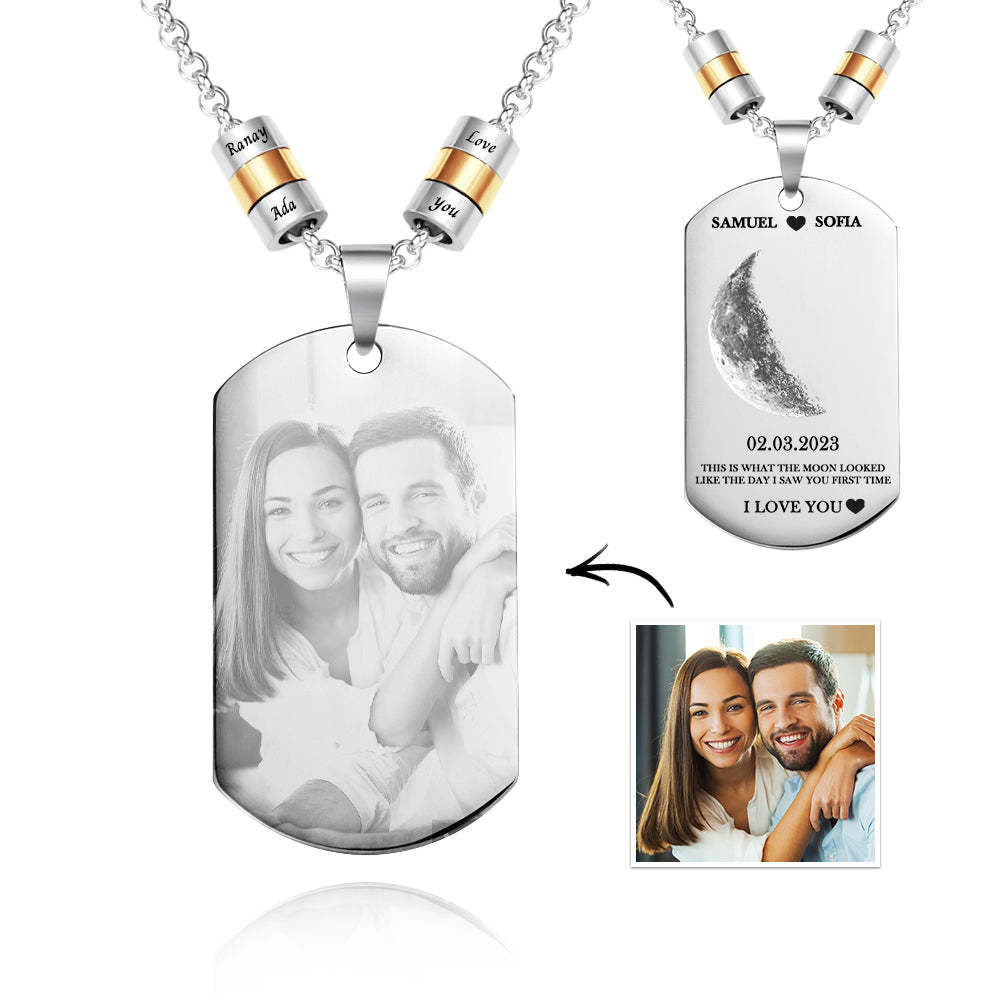 Collier Photo Personnalisé Avec Phase De Lune, Avec Perles Gravées, Pendentif Audacieux, Cadeaux Pour Les Amoureux - votrecollierprenomfr