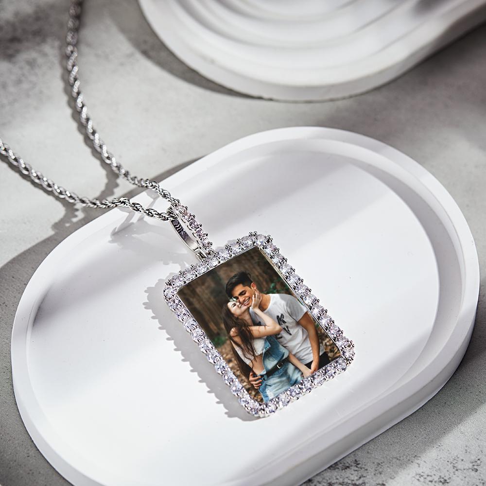 Collier Photo Personnalisé Carré Diamant Bordure Pull Chaîne Cadeaux - votrecollierprenomfr