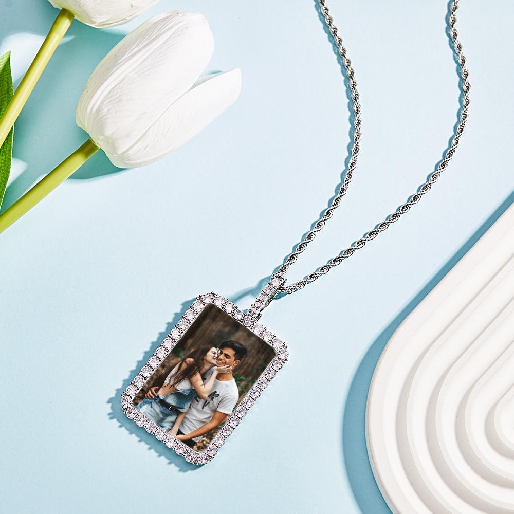 Collier Photo Personnalisé Carré Diamant Bordure Pull Chaîne Cadeaux - votrecollierprenomfr