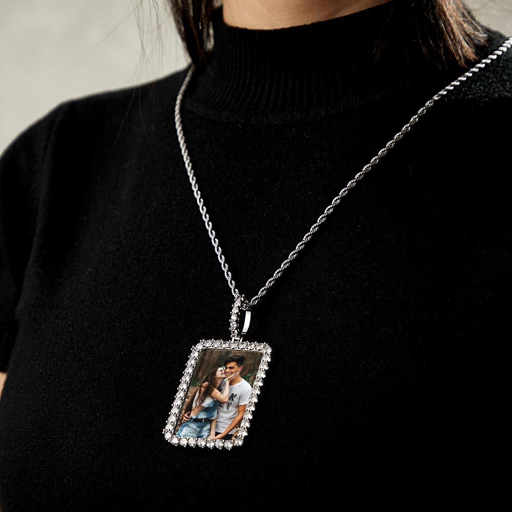 Collier Photo Personnalisé Carré Diamant Bordure Pull Chaîne Cadeaux - votrecollierprenomfr