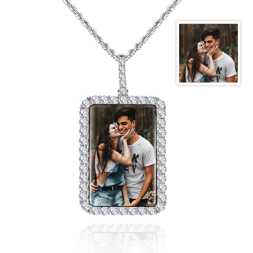 Collier Photo Personnalisé Carré Diamant Bordure Pull Chaîne Cadeaux