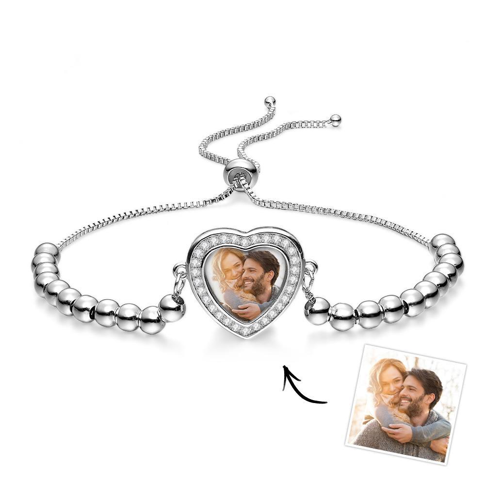 Bracelet Photo Personnalisé, Perles Personnalisées, Pendentif En Forme De Cœur En Zircon, Réglable, Cadeaux Pour Femmes - votrecollierprenomfr