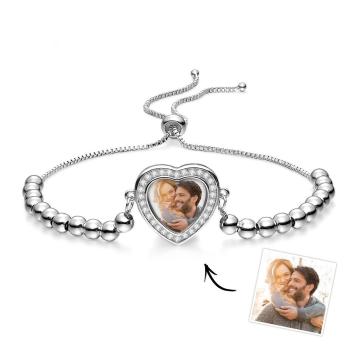 Bracelet Photo Personnalisé, Perles Personnalisées, Pendentif En Forme De Cœur En Zircon, Réglable, Cadeaux Pour Femmes - votrecollierprenomfr