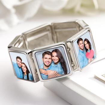 Bracelet Photo Personnalisé Avec Image Gravée, Bracelet Extensible Carré Pour Hommes - votrecollierprenomfr