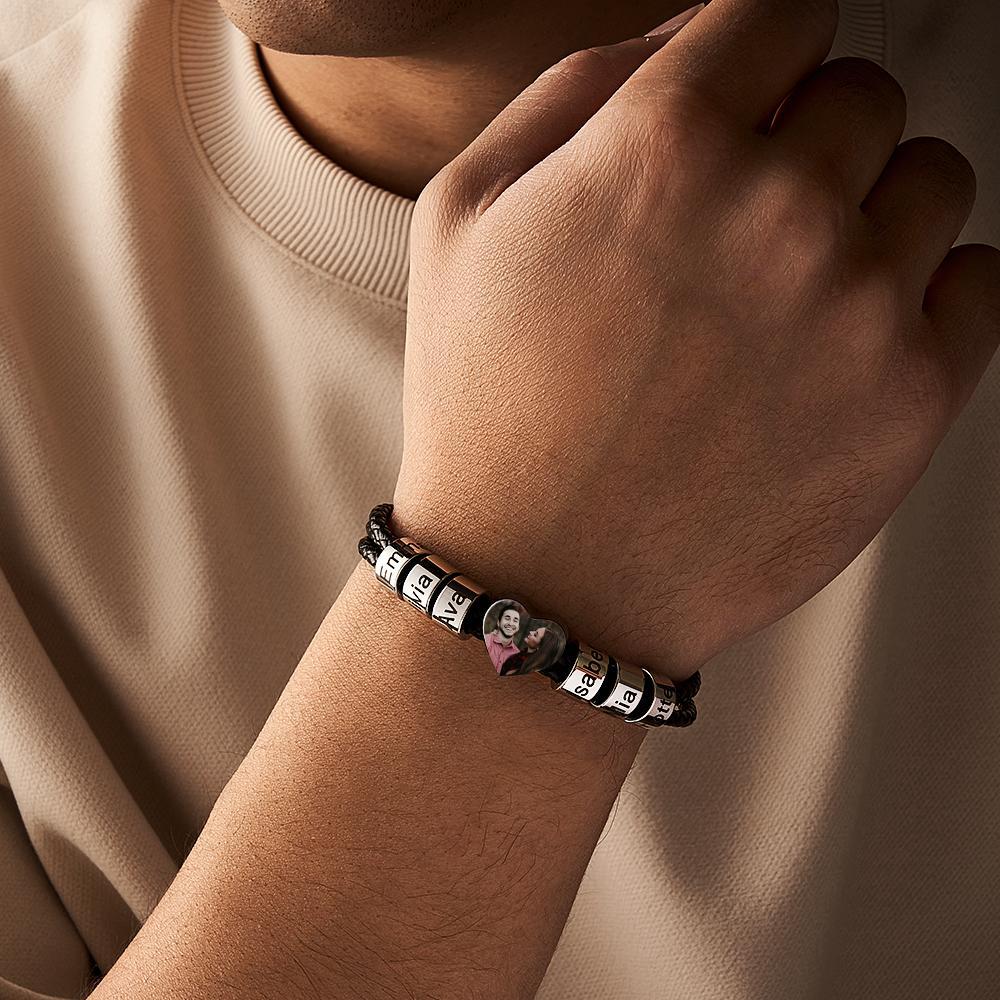 Bracelet Personnalisé Avec Nom Et Photo, Cadeau En Cuir Tissé Pour Papa - votrecollierprenomfr