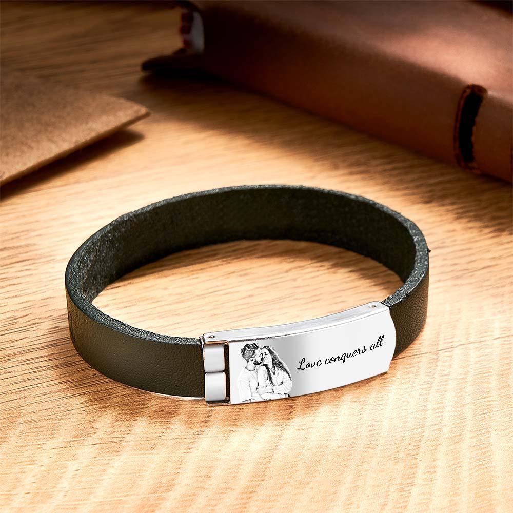 Bracelet En Cuir Rétro Avec Photo Personnalisée, Accessoire De Mode Avec Texte Pour Hommes - votrecollierprenomfr