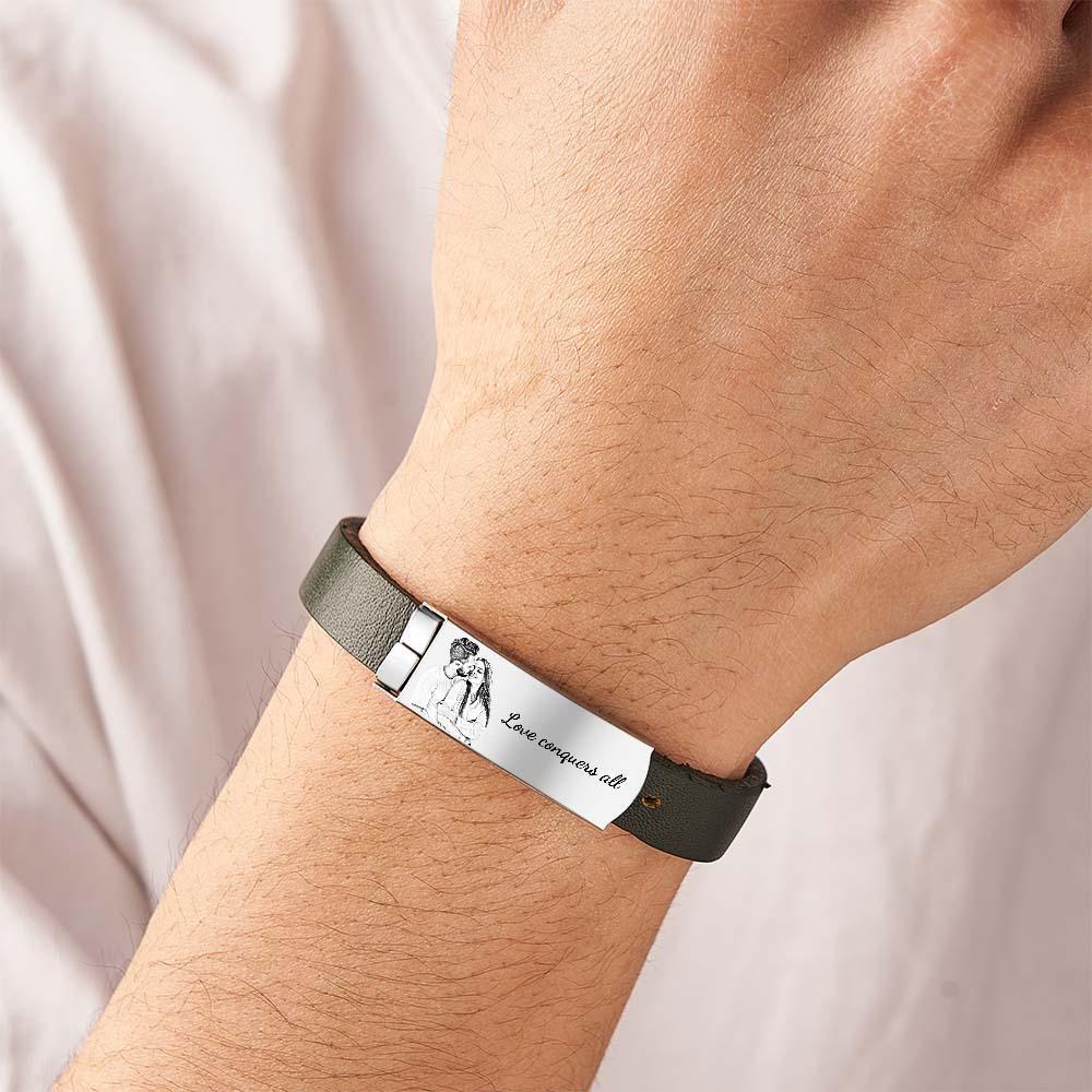 Bracelet En Cuir Rétro Avec Photo Personnalisée, Accessoire De Mode Avec Texte Pour Hommes - votrecollierprenomfr