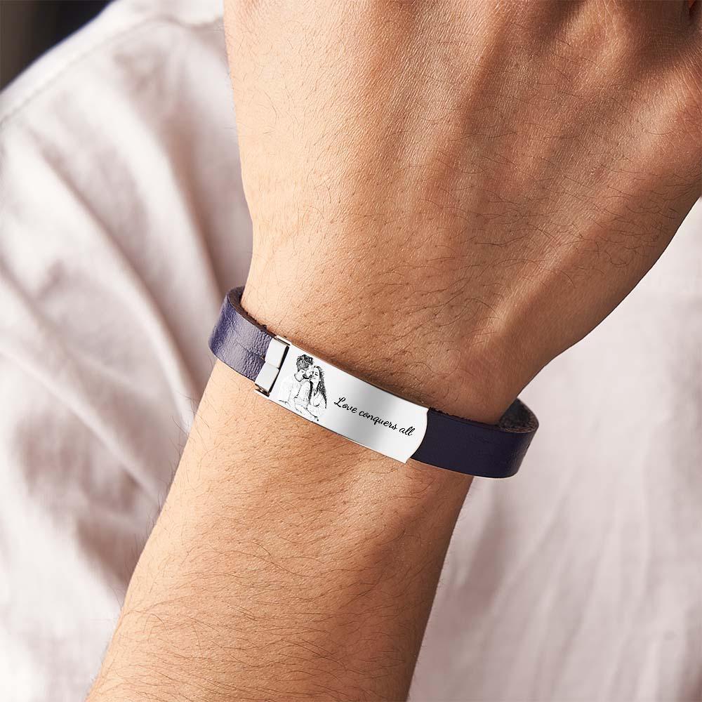 Bracelet En Cuir Rétro Avec Photo Personnalisée, Accessoire De Mode Avec Texte Pour Hommes - votrecollierprenomfr
