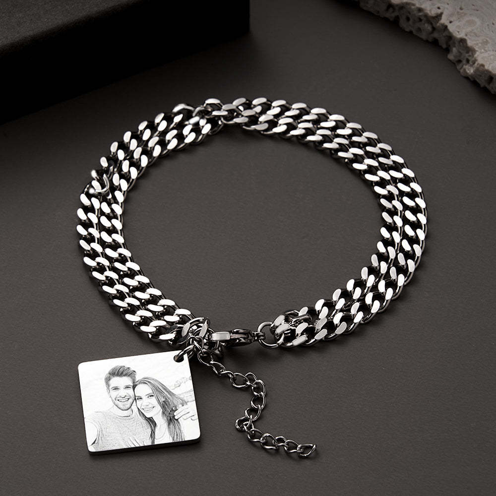Bracelet Personnalisé Avec Photo Gravée Et Date, Calendrier Personnalisé, Double Chaîne, Cadeau Pour Hommes - votrecollierprenomfr