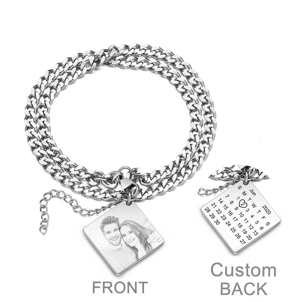 Bracelet Personnalisé Avec Photo Gravée Et Date, Calendrier Personnalisé, Double Chaîne, Cadeau Pour Hommes - votrecollierprenomfr