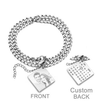 Bracelet Personnalisé Avec Photo Gravée Et Date, Calendrier Personnalisé, Double Chaîne, Cadeau Pour Hommes - votrecollierprenomfr
