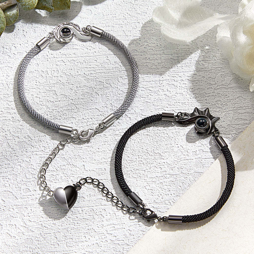 Cadeau Personnalisé De Coeur Magnétique De Bracelet De Couple De Projection - votrecollierprenomfr