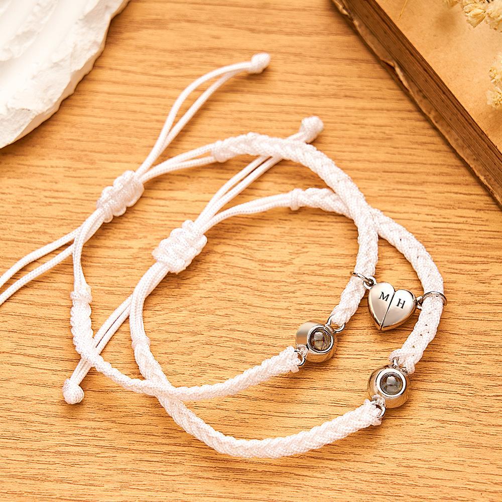 Bracelet De Projection Personnalisé, Lettre Personnalisée, Cœur Tissé, Cadeau De Couple Magnétique - votrecollierprenomfr
