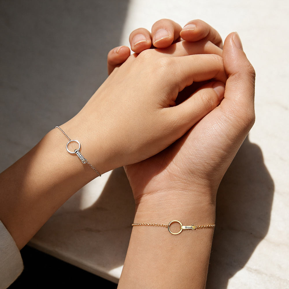 Bracelet Prénom Personnalisé Avec Cercle Gravé, Bracelet Entrelacé Avec Cercles, Bracelet Éternité À 2 Anneaux, Cadeau D'anniversaire - votrecollierprenomfr